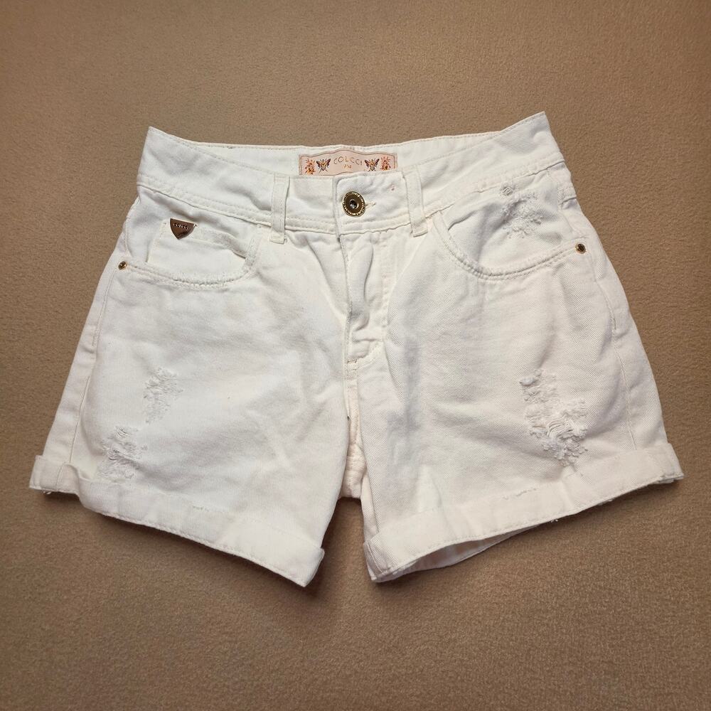 Colcci White Distressed Rolled-Cuff Denim Shorts Sz 0